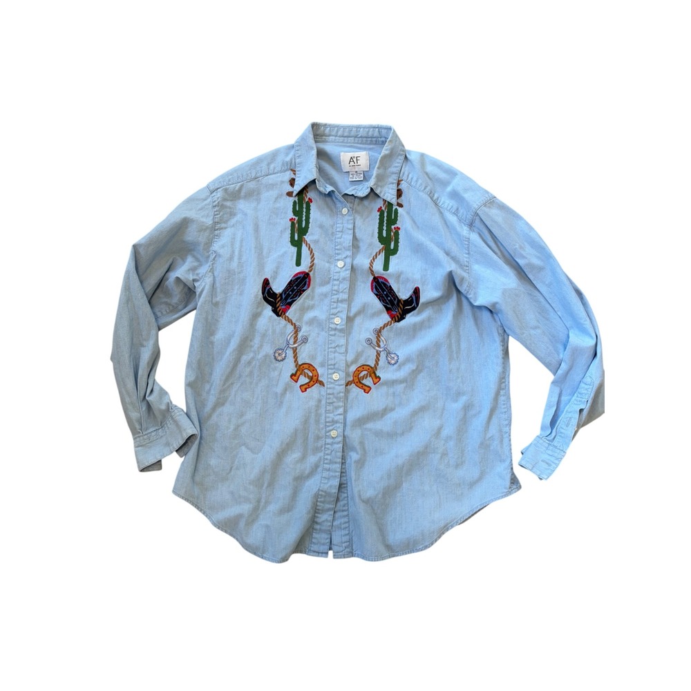 Vintage Western Denim Button Down Shirt Embroidered Cowboy Boots Cactus Sz 14 - Picture 5 of 8